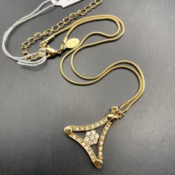 Park Lane Pendant Necklace Flower Floral Triangle Gold Tone Clear Rhinestone - Picture 2 of 9